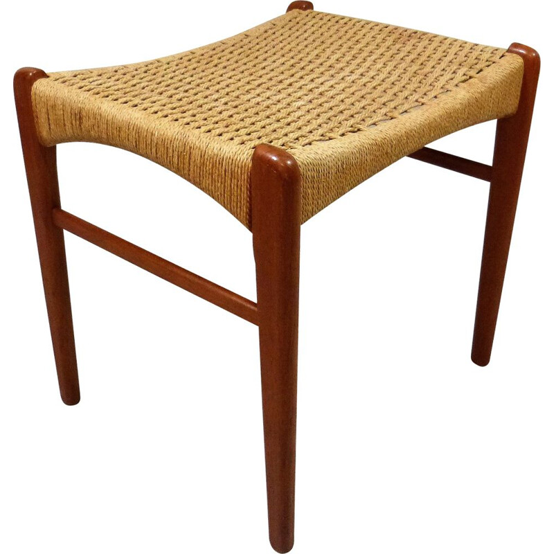 Vintage Stool Ottoman Teak frame, rope seat by Niels O. Møller Denmark