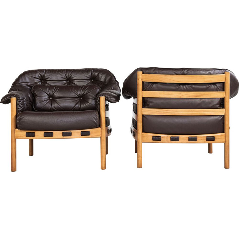 Midcentury pair of easy chairs in teak and leather by Arne Norell 1960