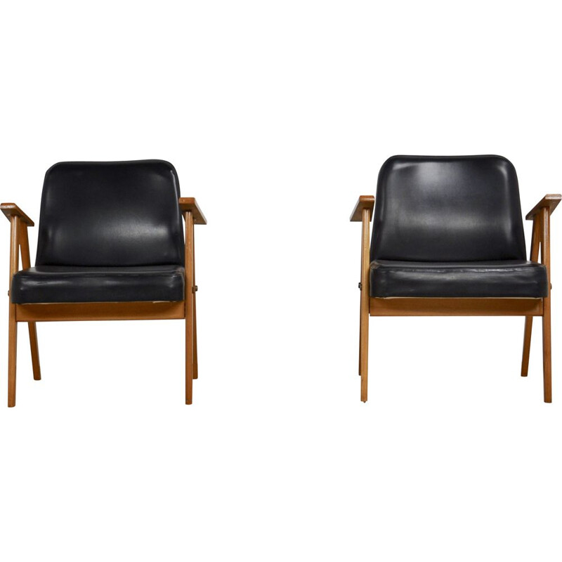 Pair of Model 366 Easy Chairs in black leather by Jozef Chierowski 1960s