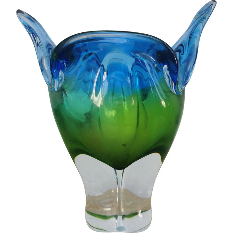 Vaso vintage in vetro di Murano con sfumature blu e verdi, 1970