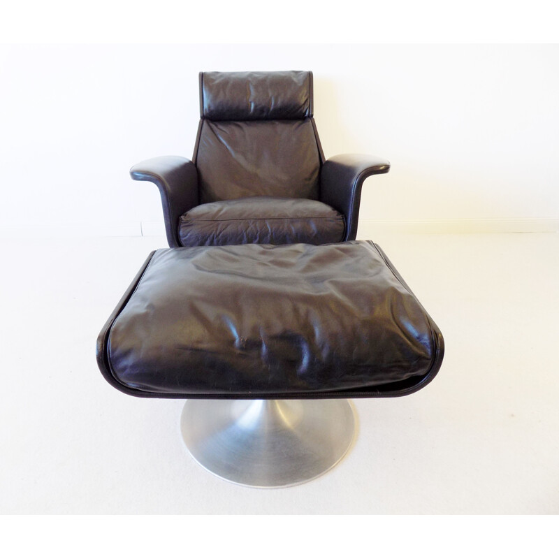 Vintage Kaufeld Siesta 62 black leather armchair with ottoman by Jacques Brule