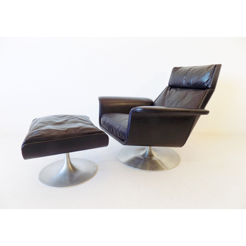 Vintage Kaufeld Siesta 62 black leather armchair with ottoman by Jacques Brule