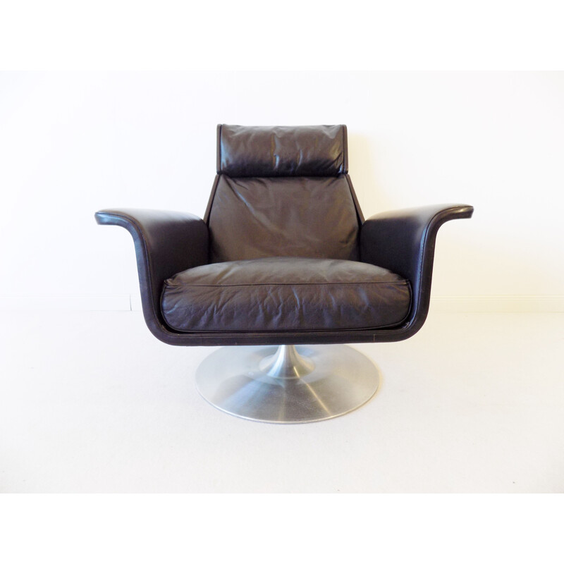 Vintage Kaufeld Siesta 62 black leather armchair with ottoman by Jacques Brule