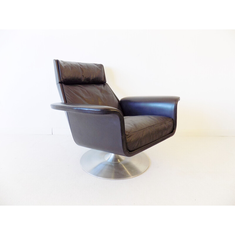 Vintage Kaufeld Siesta 62 black leather armchair with ottoman by Jacques Brule