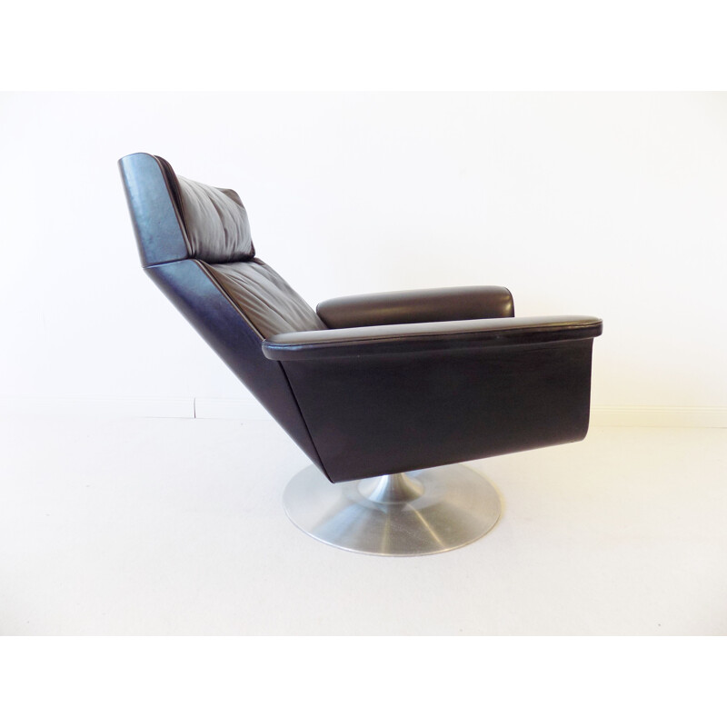 Vintage Kaufeld Siesta 62 black leather armchair with ottoman by Jacques Brule