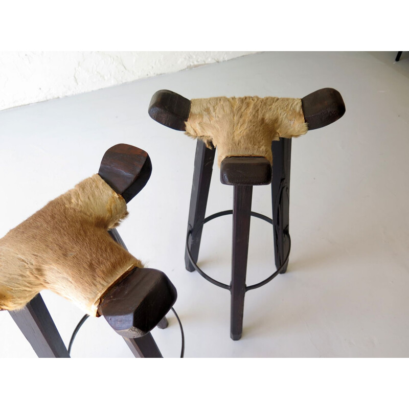 Pair of vintage high stools in cow leather and wood 1950