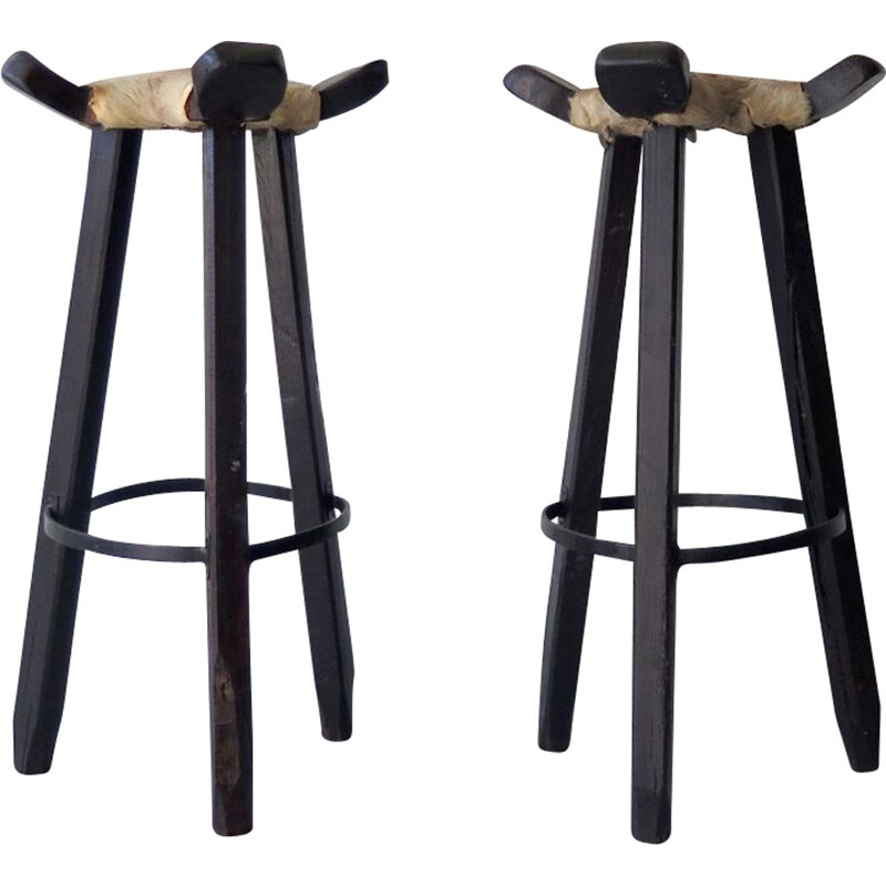 Pair of vintage high stools in cow leather and wood 1950