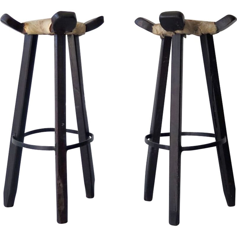 Pair of vintage high stools in cow leather and wood 1950
