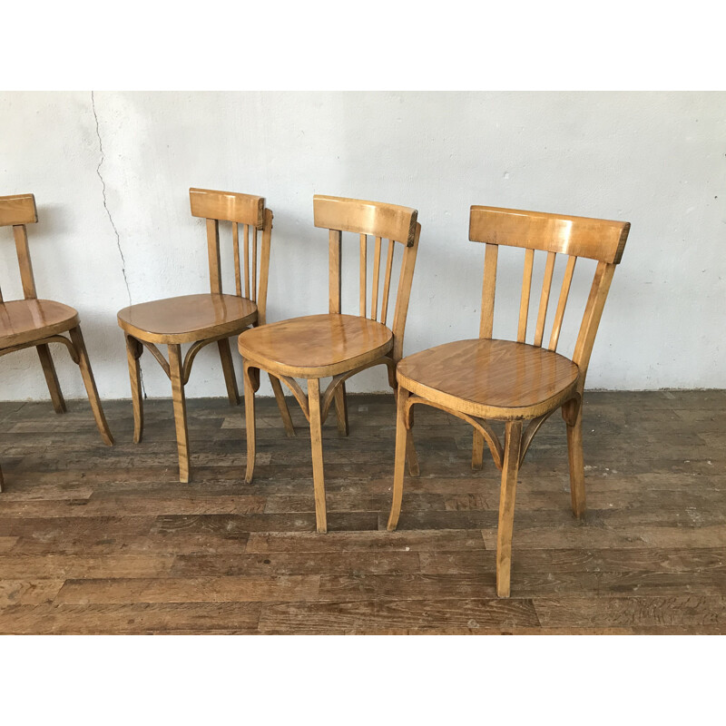 Lot de 6 chaises vintage Baumann en hêtre 1950