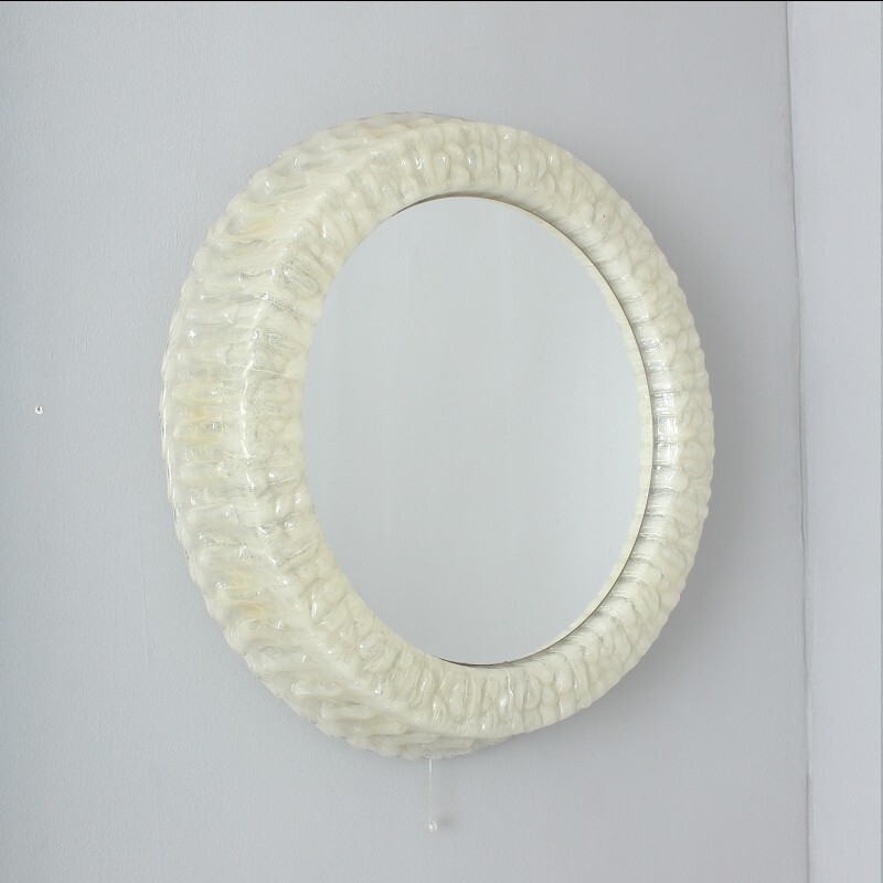 Round illuminated mirror in white plastic - 1950s