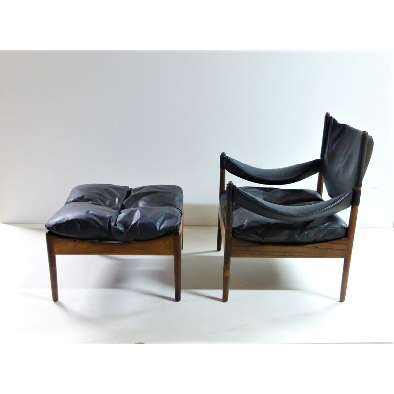 Armchair & ottoman in leather and rosewood by Kristian Vedel