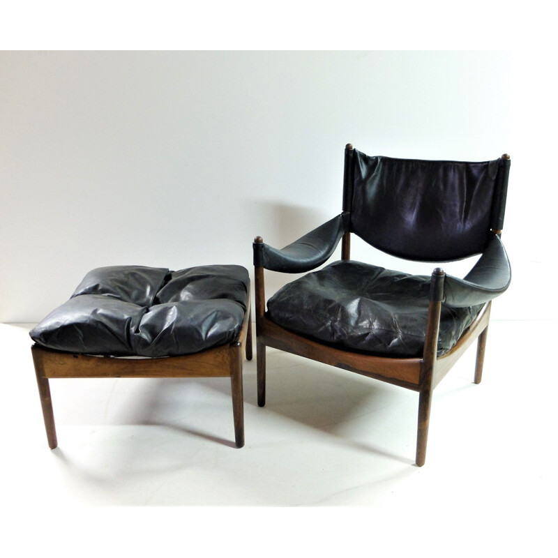Armchair & ottoman in leather and rosewood by Kristian Vedel