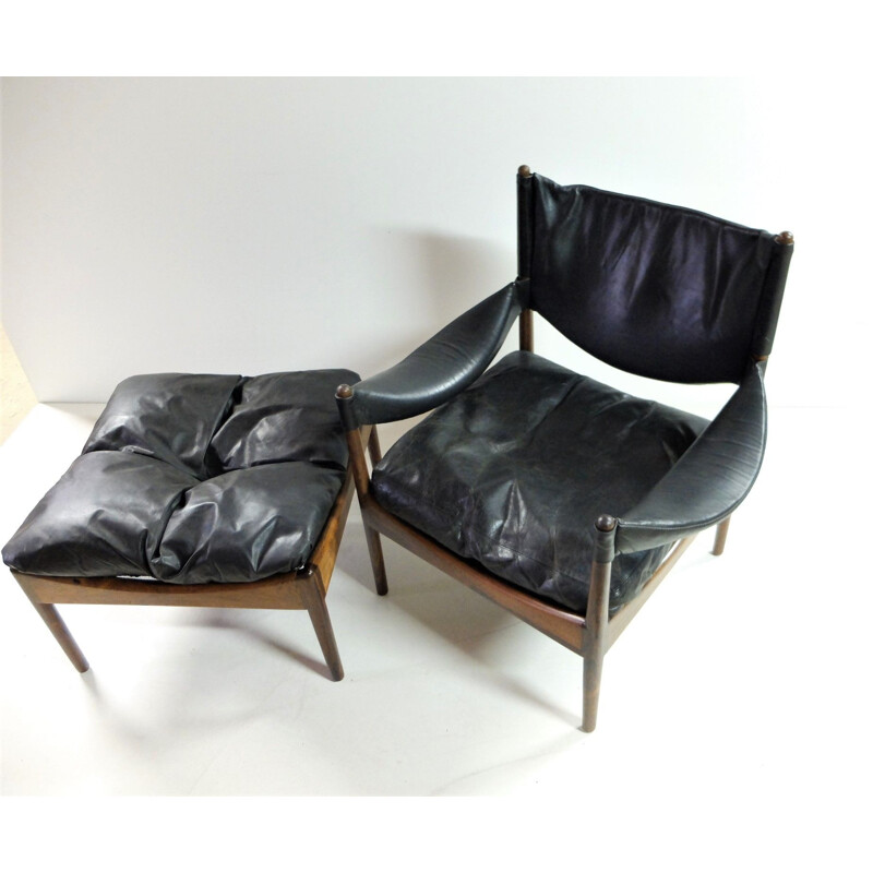 Armchair & ottoman in leather and rosewood by Kristian Vedel