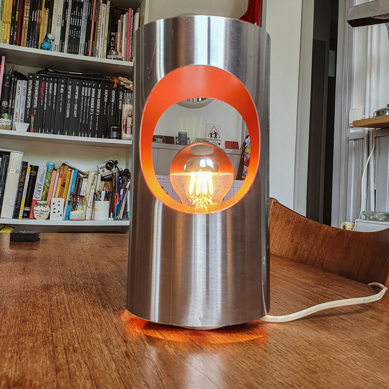 Vintage stainless steel and orange table lamp, 1970