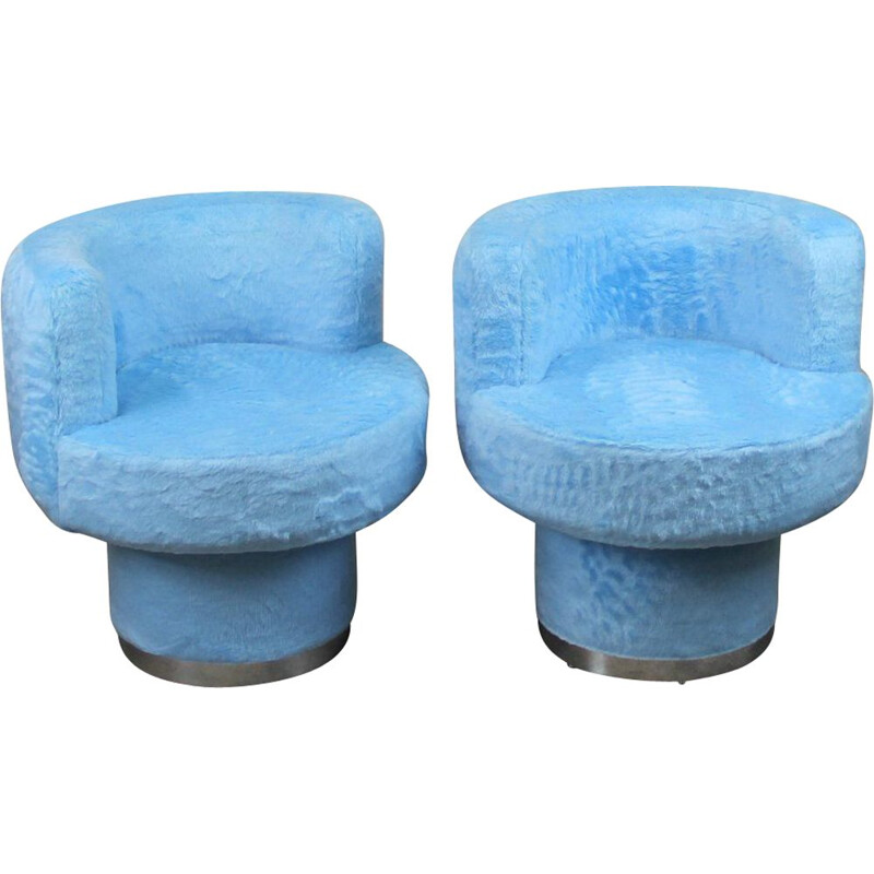 Pair of vintage plush blue armchairs, Spain 1970s