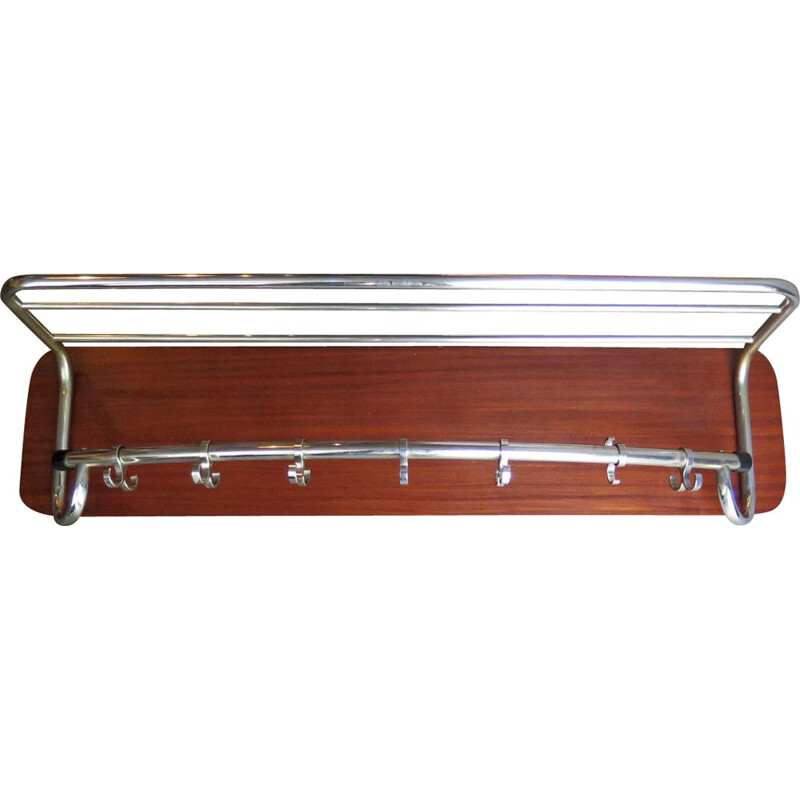 Vintage large chrome rack in a wooden board, 1950s