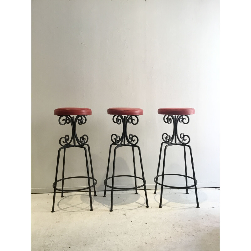 Set of 3 vintage bar stool brutalistic metal 1960