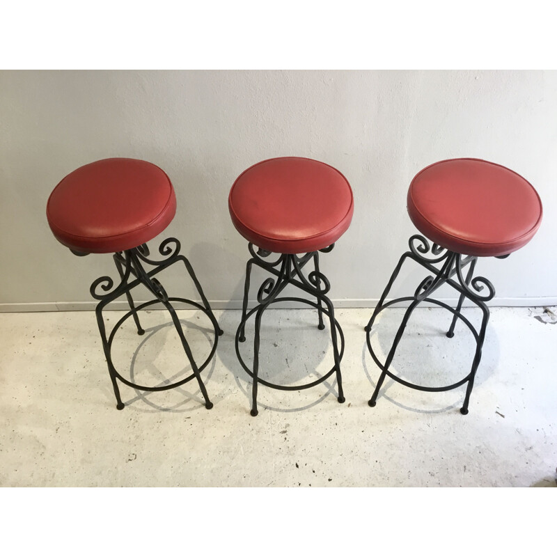 Set of 3 vintage bar stool brutalistic metal 1960