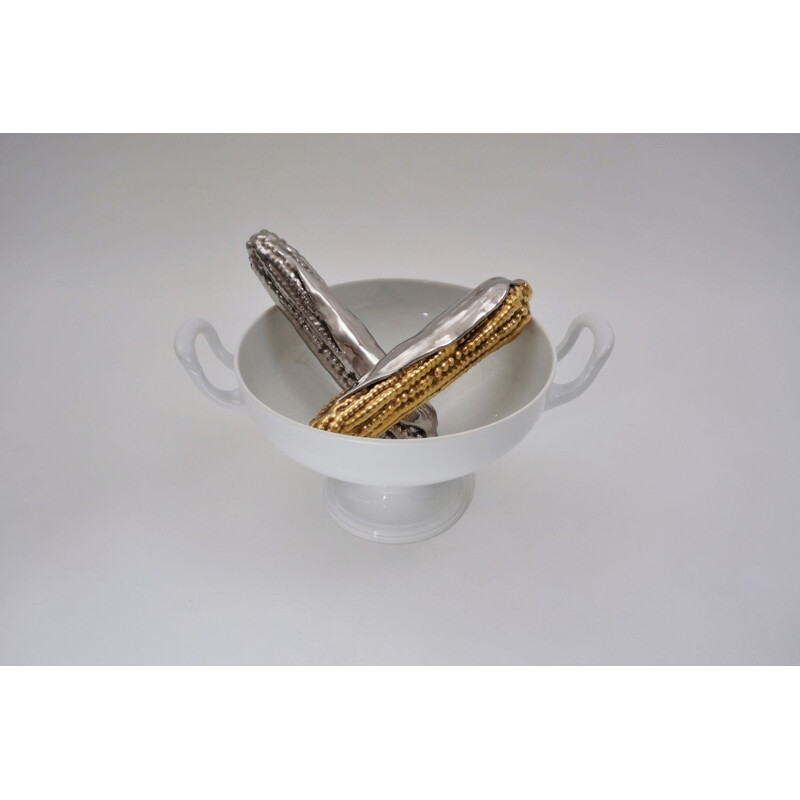 Vintage Decorative corn  gold and silver gilt, by Ahura Porcelain Italy,1970s
