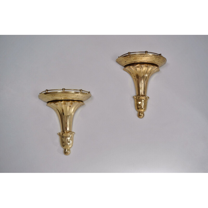 Pair vintage wall brackets shelves, cast bronze Papyrus motif, French 1950s