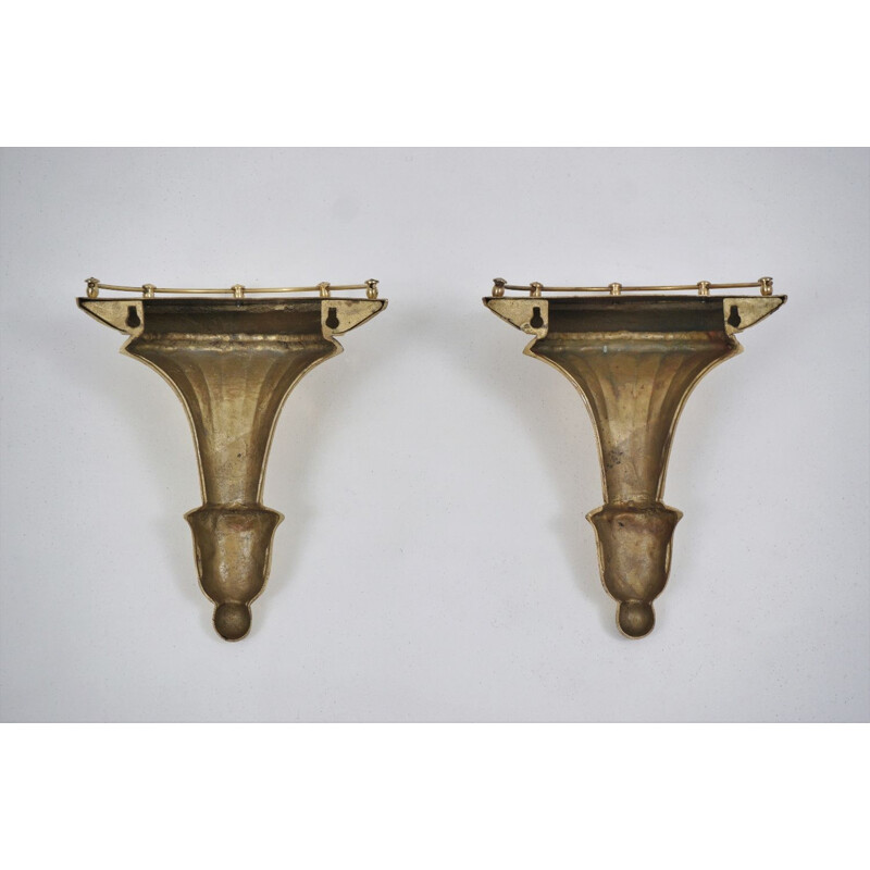 Pair vintage wall brackets shelves, cast bronze Papyrus motif, French 1950s