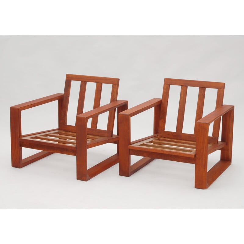 Set of 2 wooden lounge chairs - 1970s