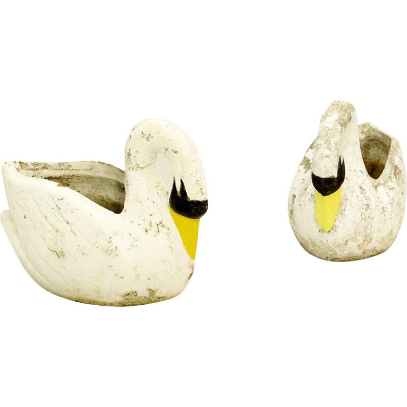 Pair of Vintage Cement Swan Planters, France, 1950