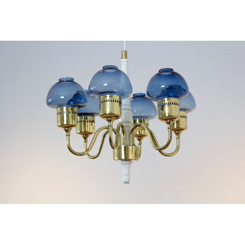 Scandinavian brass and blue blown glass chandelier, Hans AGNE JAKOBSSON - 1960s