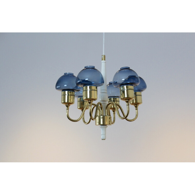 Scandinavian brass and blue blown glass chandelier, Hans AGNE JAKOBSSON - 1960s