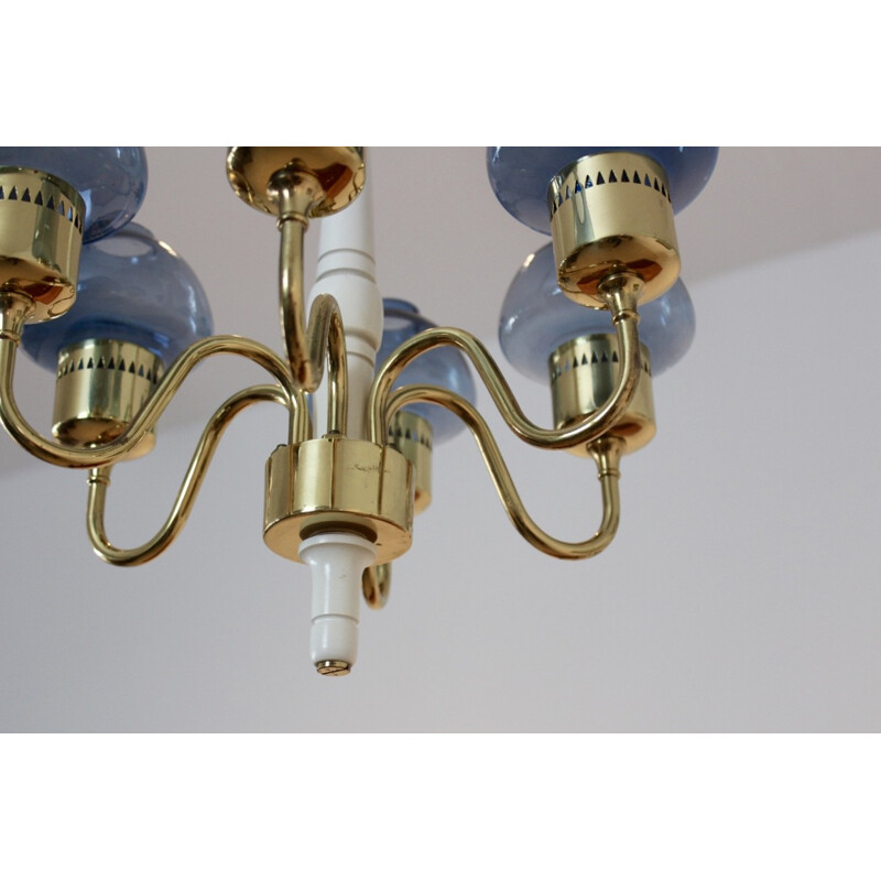 Scandinavian brass and blue blown glass chandelier, Hans AGNE JAKOBSSON - 1960s