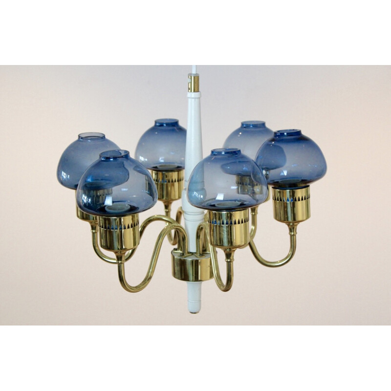 Scandinavian brass and blue blown glass chandelier, Hans AGNE JAKOBSSON - 1960s