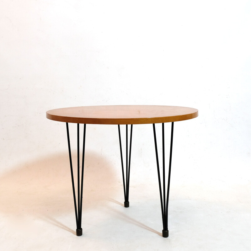 Vintage coffee table Round varnished oak tabletop by Gérard Guermonprez