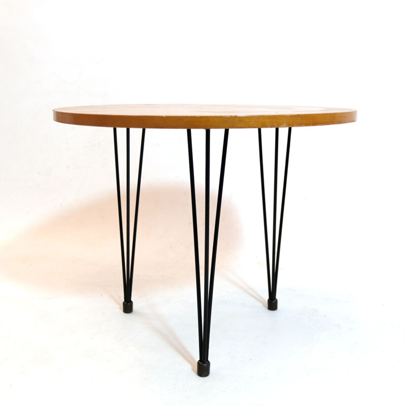 Vintage coffee table Round varnished oak tabletop by Gérard Guermonprez