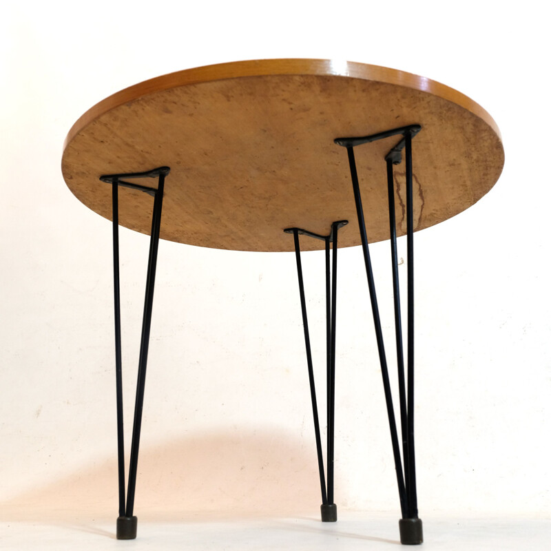 Vintage coffee table Round varnished oak tabletop by Gérard Guermonprez