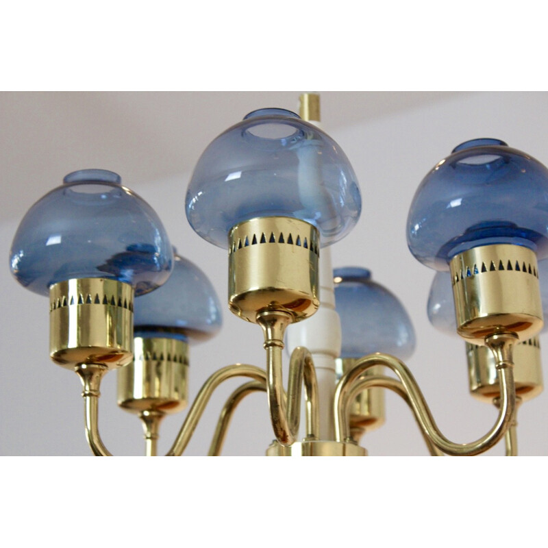 Scandinavian brass and blue blown glass chandelier, Hans AGNE JAKOBSSON - 1960s