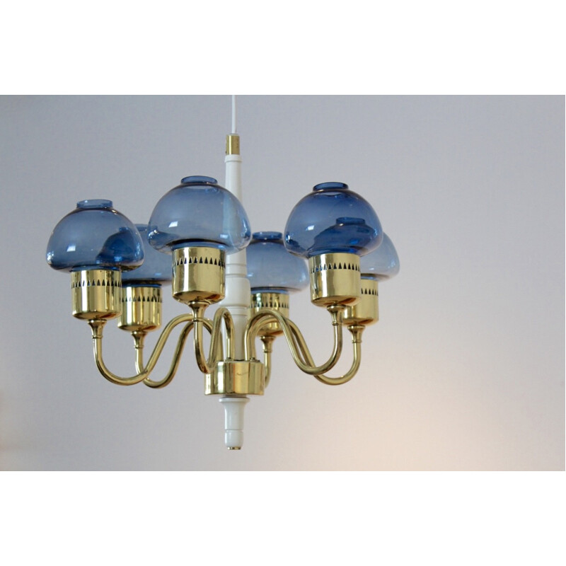 Scandinavian brass and blue blown glass chandelier, Hans AGNE JAKOBSSON - 1960s