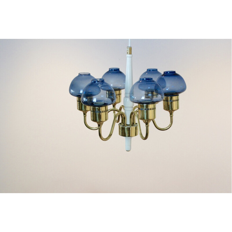 Scandinavian brass and blue blown glass chandelier, Hans AGNE JAKOBSSON - 1960s