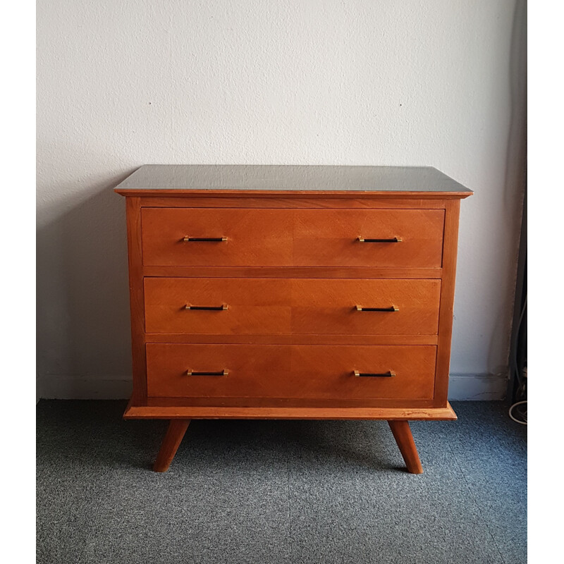 Vintage chest of drawers with compass feet and black melamine top 1950s