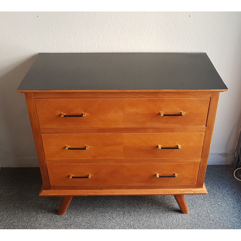 Vintage chest of drawers with compass feet and black melamine top 1950s