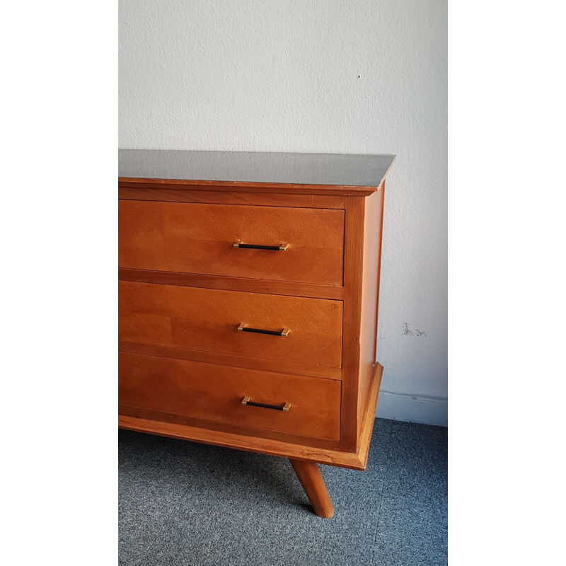 Vintage chest of drawers with compass feet and black melamine top 1950s