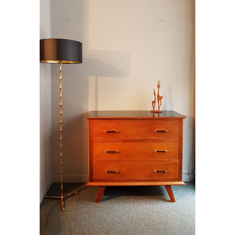 Vintage chest of drawers with compass feet and black melamine top 1950s