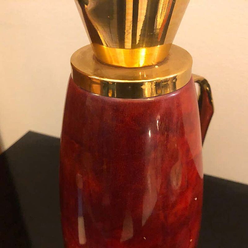 Mid-Century Red Goatskin and Brass Thermos Carafe, 1960