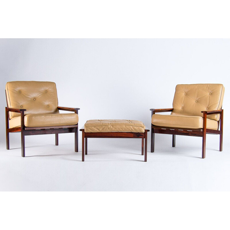 Mid Century Armchairs and Footstool by Illum Wikkelso for Niels Eilersen, Danish 1960s