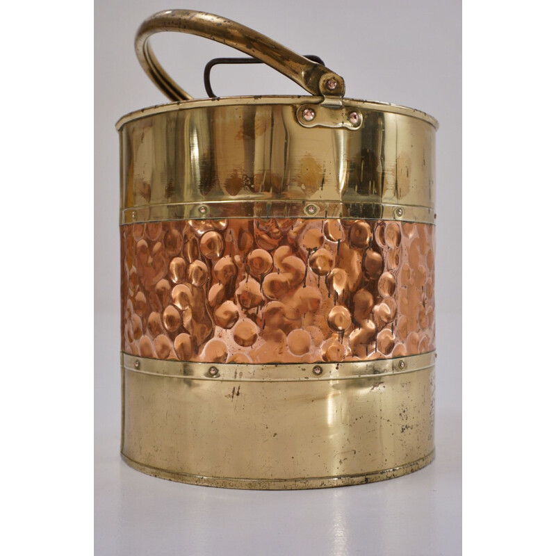 Seau vintage en laiton avec bande de cuivre Anglais 1930