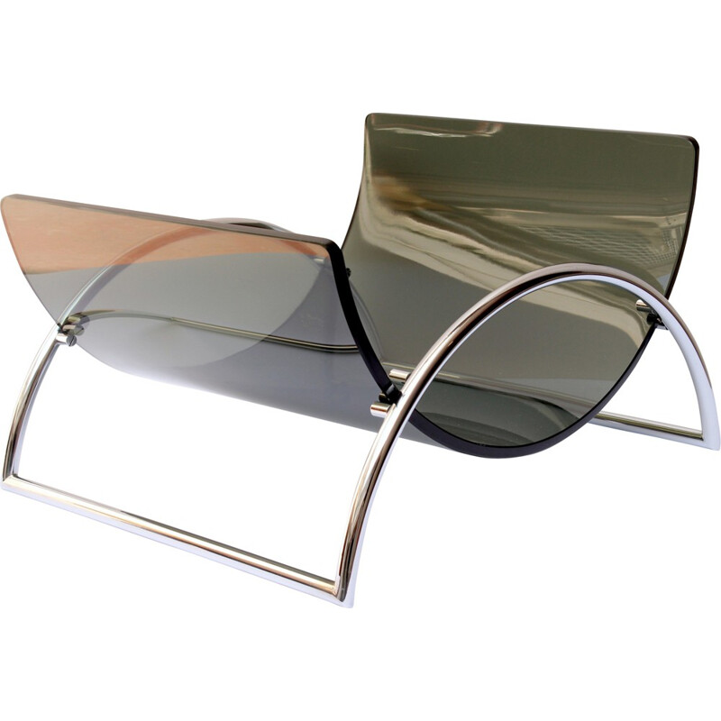 Magazine rack model "Space Age" in smoked glass and chrome metal - 1970s