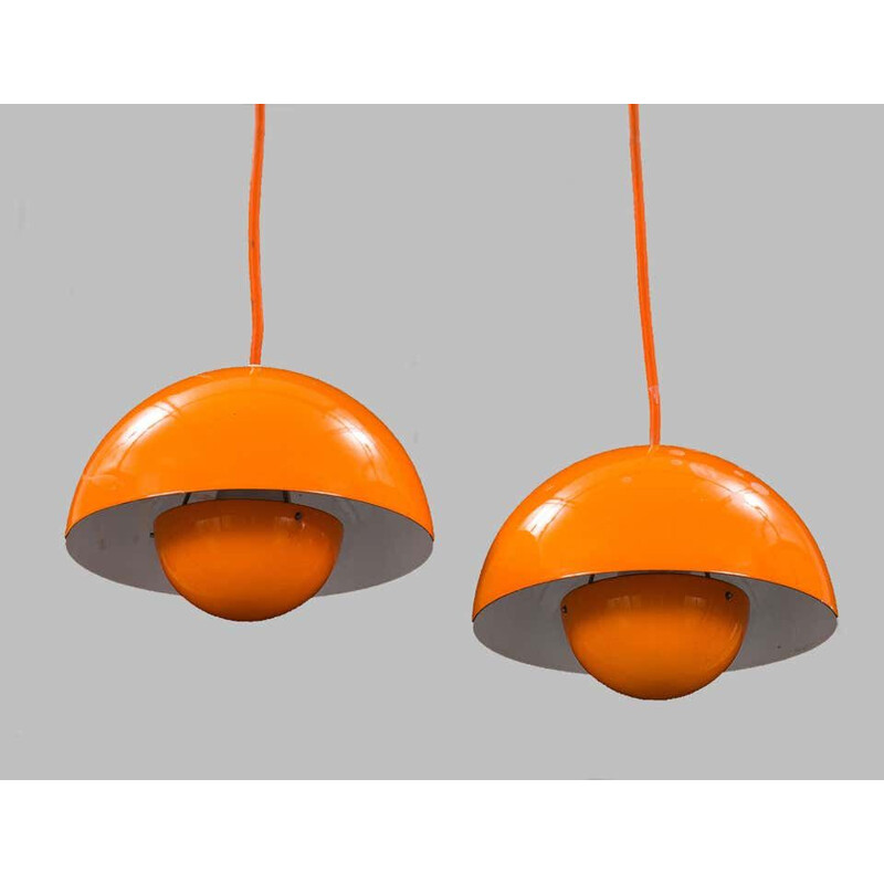 Pair of vintage enamel flowerpot suspension for Louis Poulsen by Verner Panton Denmark 1970s