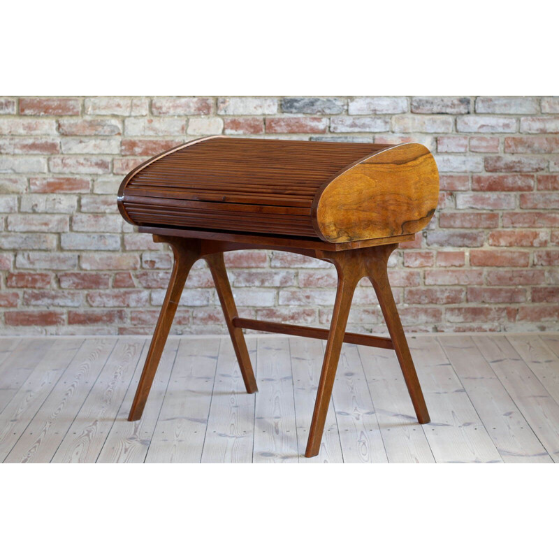 Mid-Century Desk with Roll-Top, Walnut Veneer, 1950s