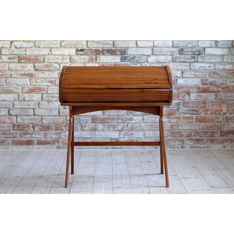 Mid-Century Desk with Roll-Top, Walnut Veneer, 1950s