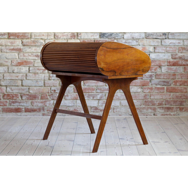 Mid-Century Desk with Roll-Top, Walnut Veneer, 1950s