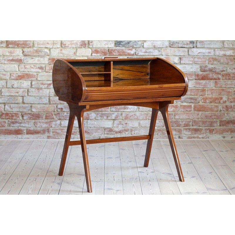 Mid-Century Desk with Roll-Top, Walnut Veneer, 1950s